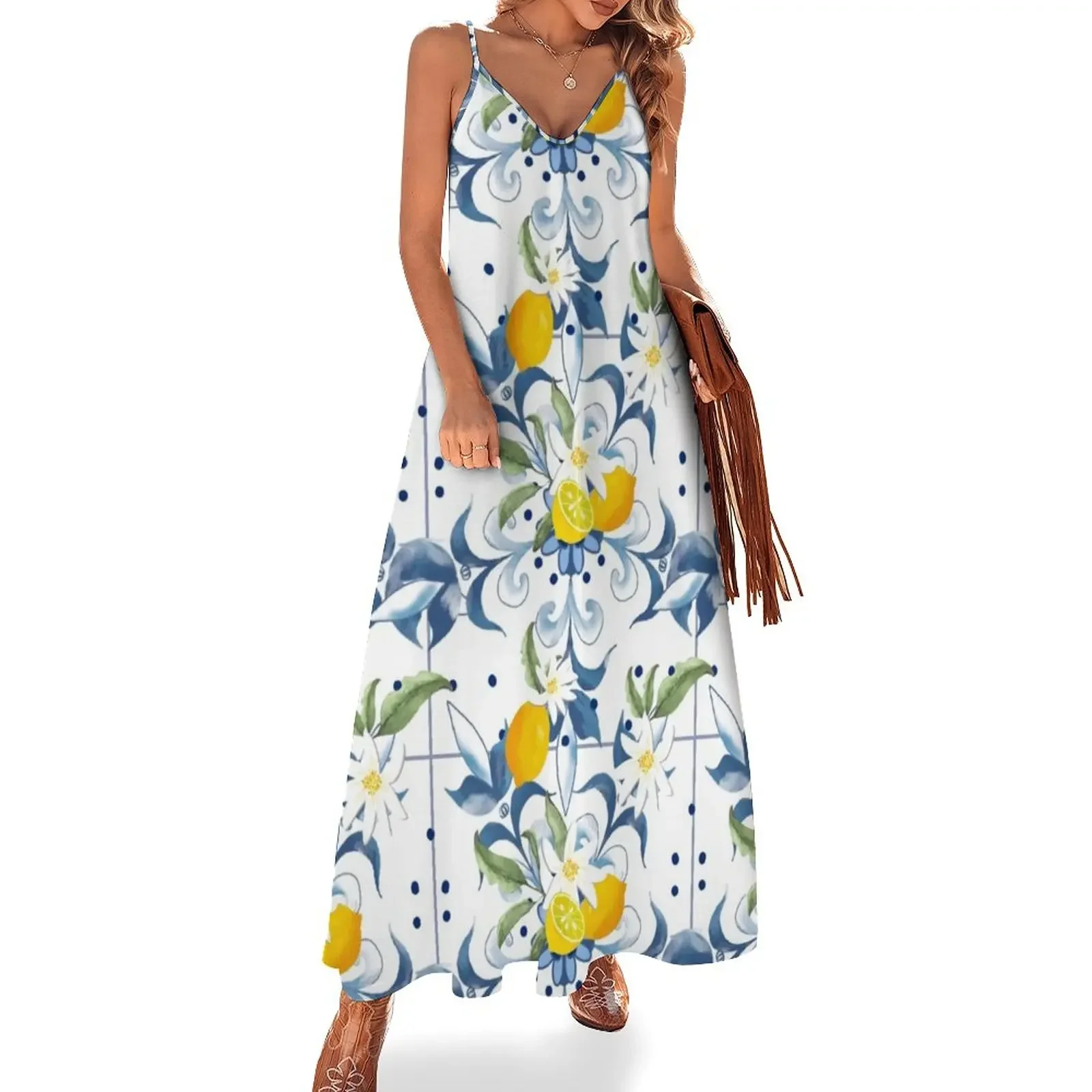 

Summer, citrus Mediterranean style mosaic ,lemon fruit pattern Sleeveless Dress cocktail dresses Women's skirt