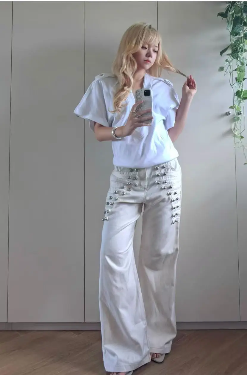 European And AmericanTrends 2026 New Fashion Sexy Rivet Buckle Belt Low-Waist Trousers Women's Y2K Punk Style Loose Casual JeanS