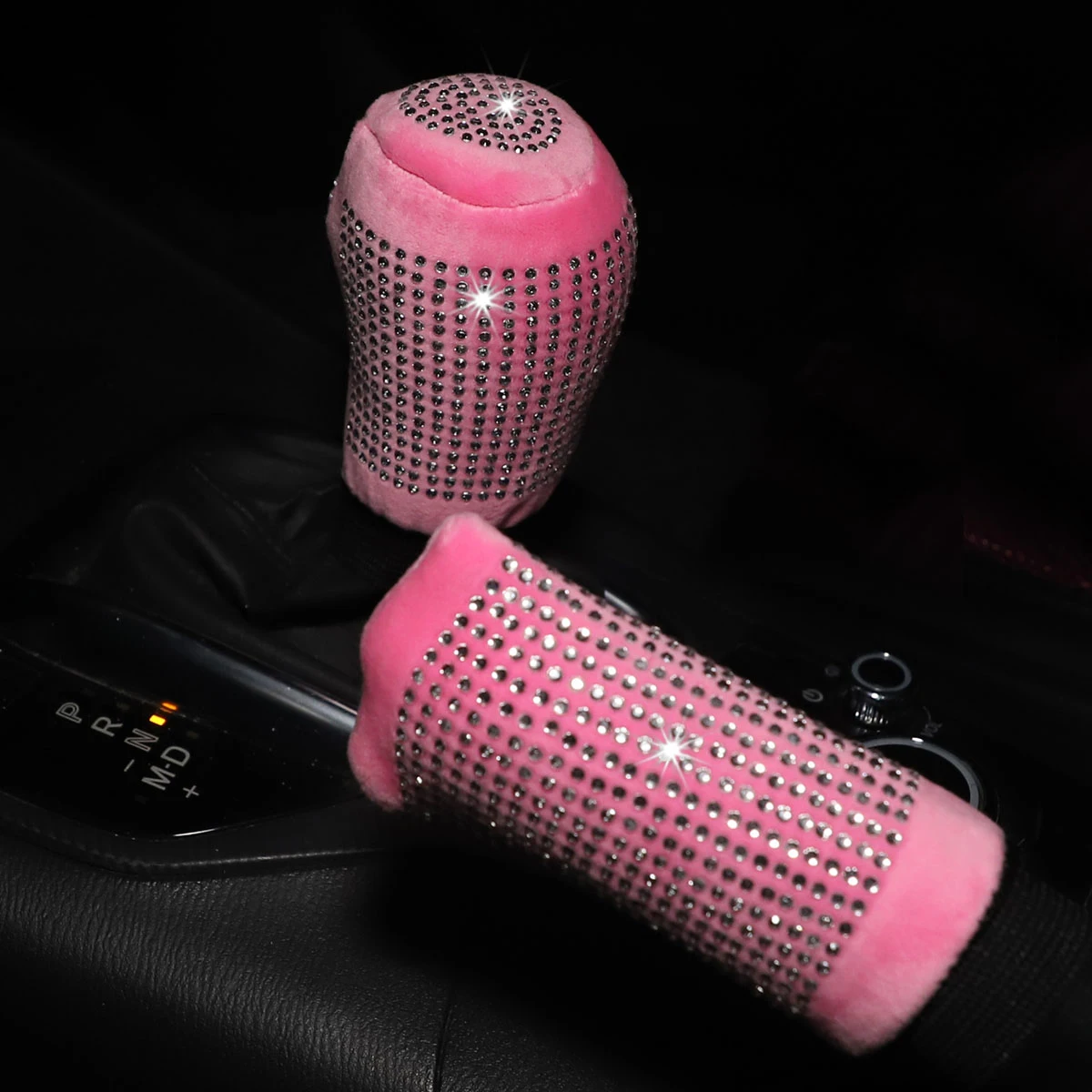 2er-Set kurzhaariges, mit Diamanten besetztes, reflektierendes Auto-Handbremshebel-Abdeckungs-Set aus Plüsch für Damen, Auto-Innenzubehör