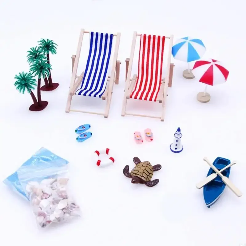 Detailliertes Miniatur-Dekorationsset mit Strandszene Meer und Zubehör, Rollenspiel-Puppenhaus-Display-Set für Kinder, 15UB