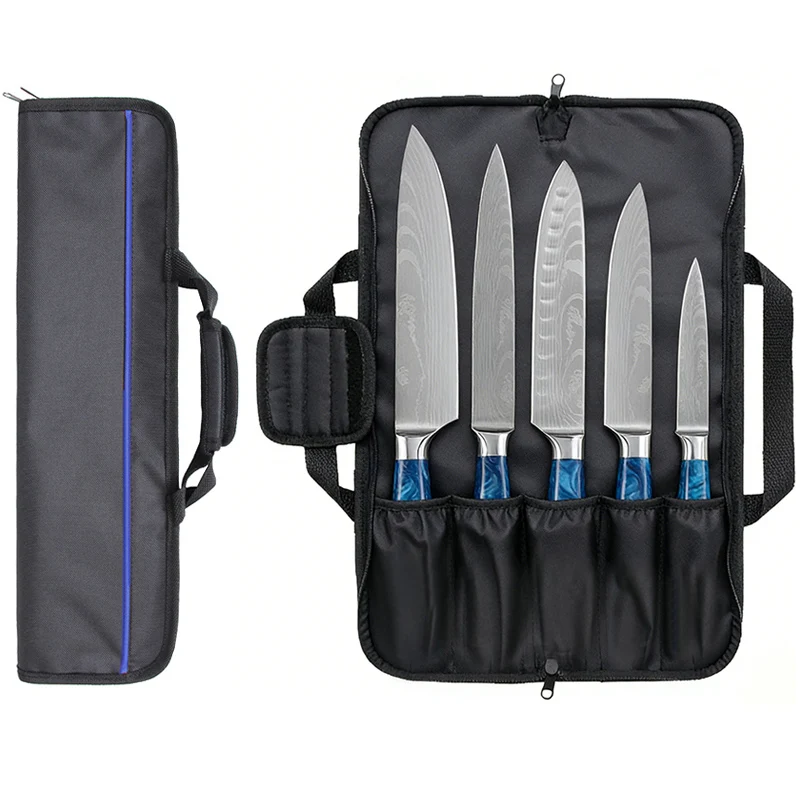 Foldable Oxford Chef Knife Roll Bag 5 Pockets Durable Portable Carrying Kitchen Santoku Japanese Slicing Knife Carry Case Tools