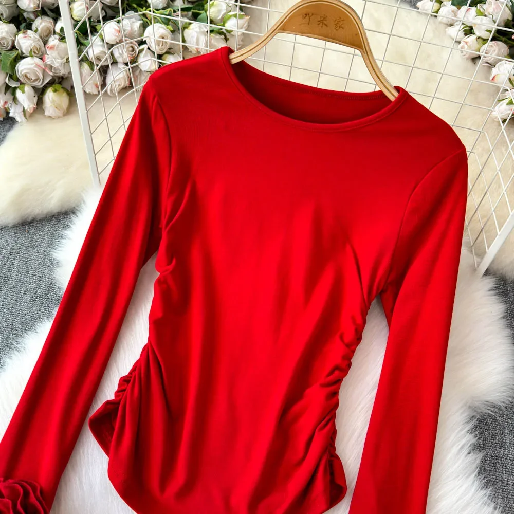 Basics Long Sleeves Vintage O-neck Chic Fashion Three-dimensional Floral Slim Top French Streetwear High Street Autumn Clothing