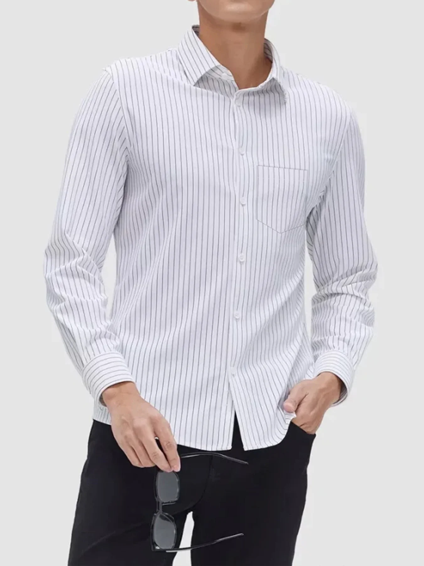 

Весенне-осенняя новая мужская рубашка с длинными рукавами в вертикальную полоску, корейский стиль, модная и стильная для молодых мужчин