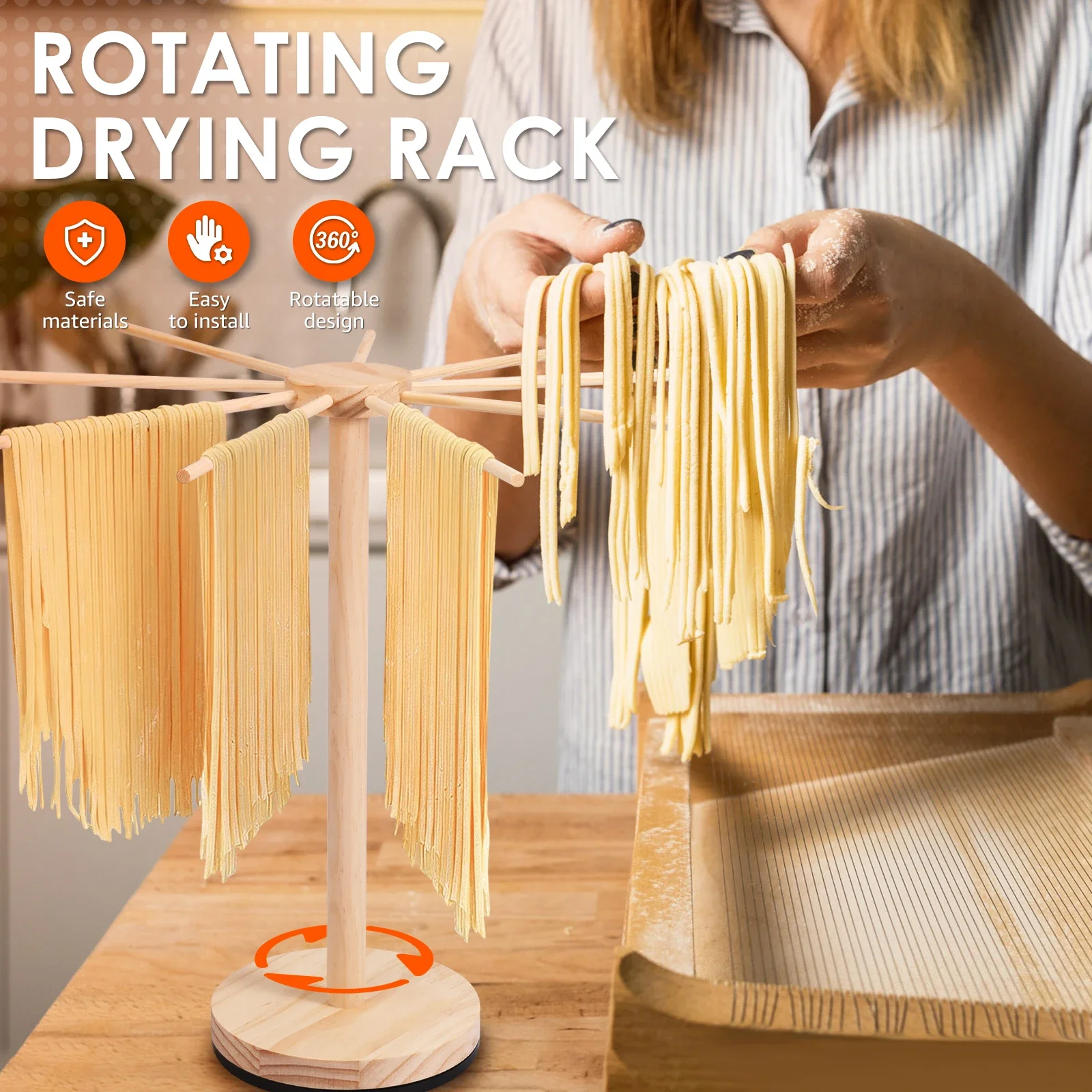 

Rotary Pasta Drying Rack with 9 Drying Rods Wood Noodle Dryer Rack Efficient Noodle Hanging Rack Detachable Pasta Noodle Hanger