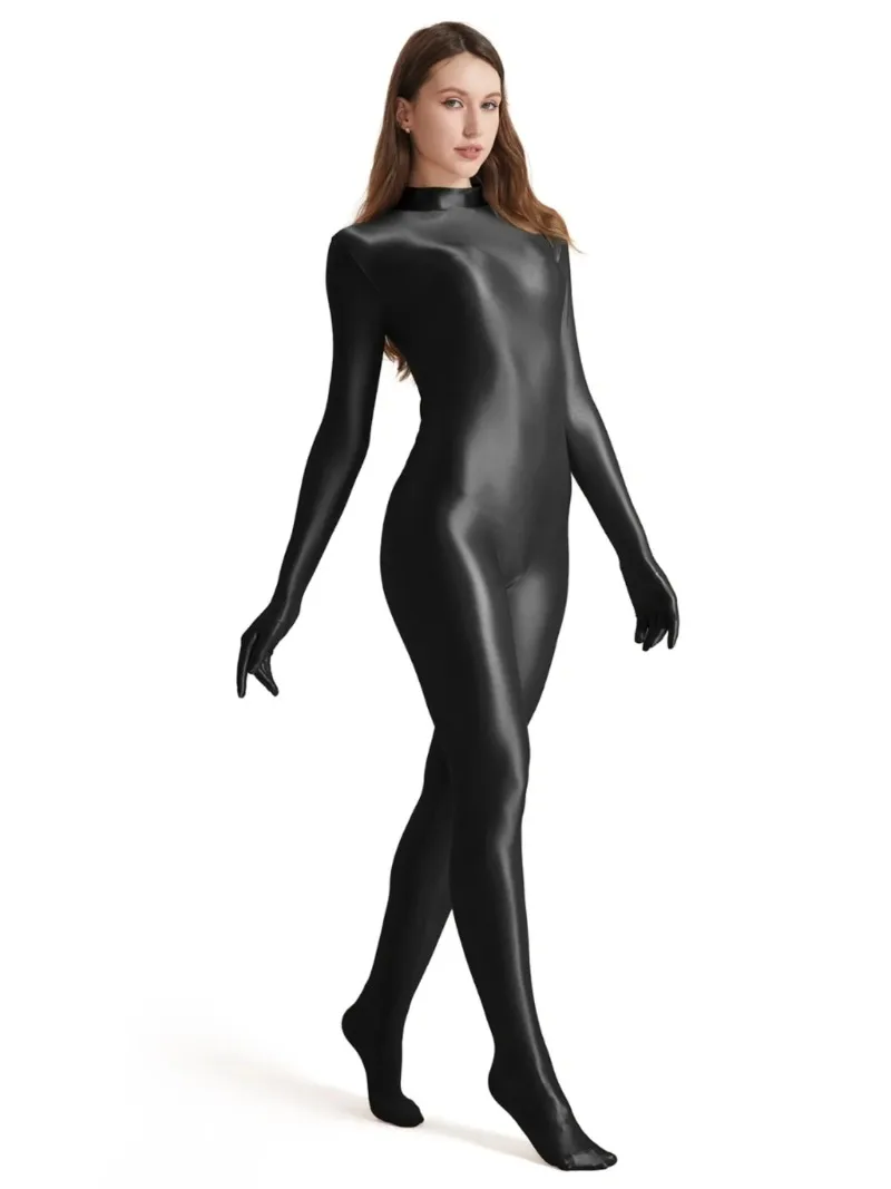 

Plus Size Playsuit Slim Bodysuit Cosplay Costumes,Male Women Long Sleeve Gloves Glossy Elasticity Jumpsuit black Fitness Bodycon