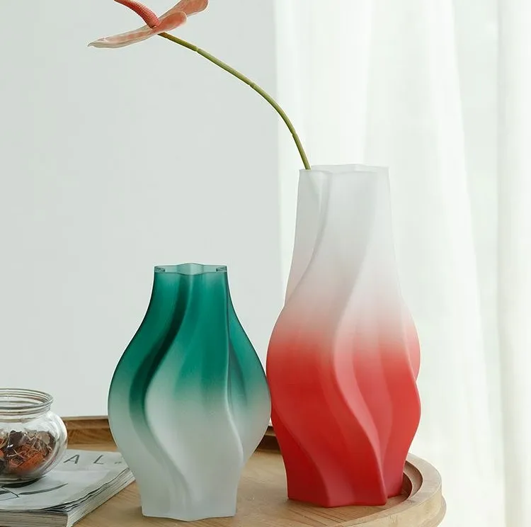 Nordic Style Luxury Frosted Glass Flower Vase Gradient Color Dragon Wind  Flower Arrangement Home Decorative Accessories