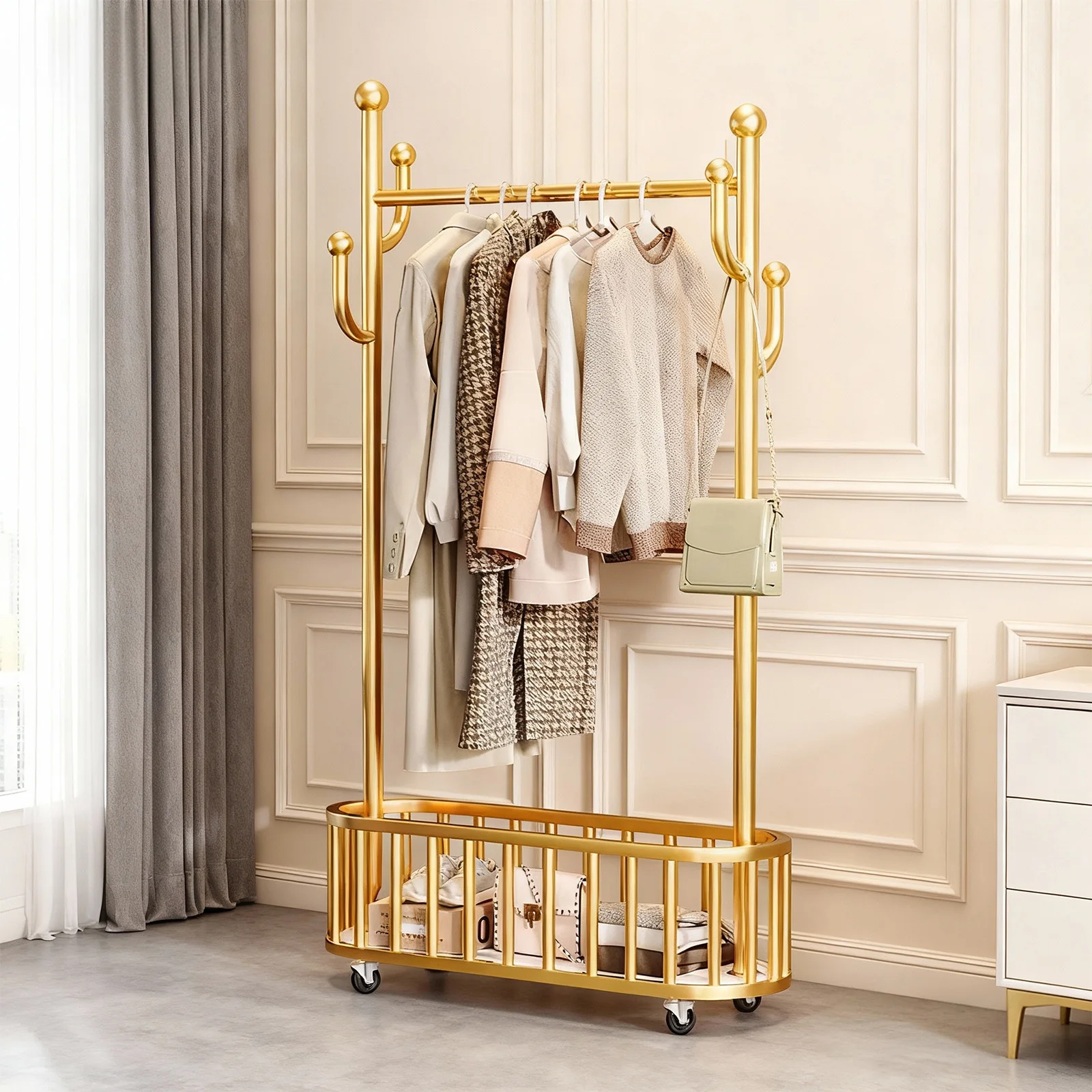 Metall-Kleiderständer mit Rollen, Ablagefach & 4 Haken, Robuster Kleiderständer für Schlafzimmer, Kleiderschrank, Wohnzimmer