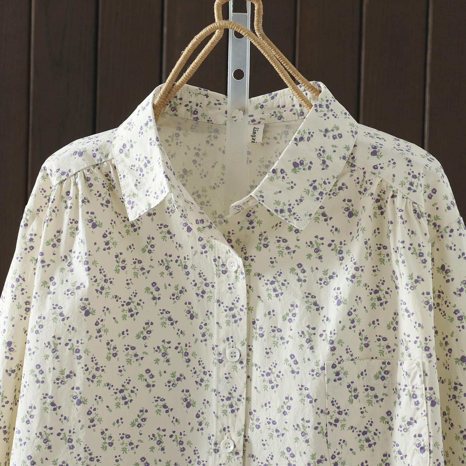 جديد 2025 الخريف قميص قطني بكم طويل ، المرأة بدوره إلى أسفل طوق المطبوعة ، موري فتاة الفرنسية تخفيف بلوزة فضفاضة غير رسمية T58648CC