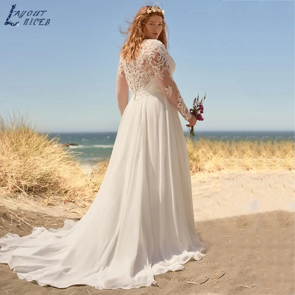 LAYOUT NICEB Apliques Mangas completas Noiva Vestidos Backless Chiffon A Linha Vestidos De Casamento Botões Até o chão suknia ślubna 2024LAYOUT NICEB Apliques Mangas completas Noiva Vestidos Backless Chiffon A Linha Ve