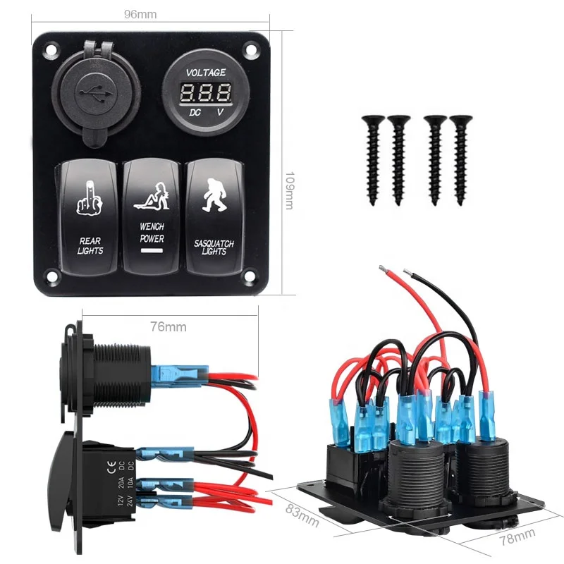 3 Gang Rocker Switch Panel USB Charger LED Voltmeter Sasquatch Lights Wench Power Rear Lights Switch On Off Aluminum Waterproof