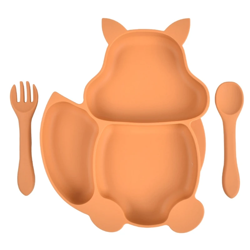 Cartoon Little Squirrel Shaped Silicone Baby Divided Feeding Plate with Spoon Fork Set Non Slip Training Utensils for  Toddlers