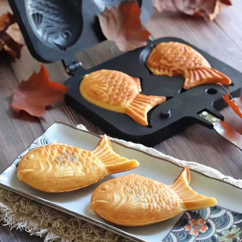 Kitchen Japanese Taiyaki Double Fish Shaped Hot Dessert Waffle Cake Maker Pan Japanese Pancake Double Pan Fry Pan Waffle  Molds