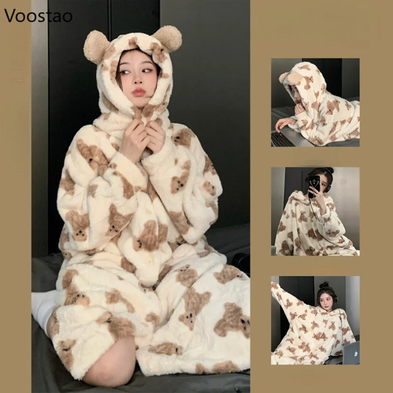 Autumn Winter Plush Robes Women Sweet Cartoon Bear Print Coral Fleece Nightgown Hooded Pajama Nightdress Female Kawaii Sleepwear