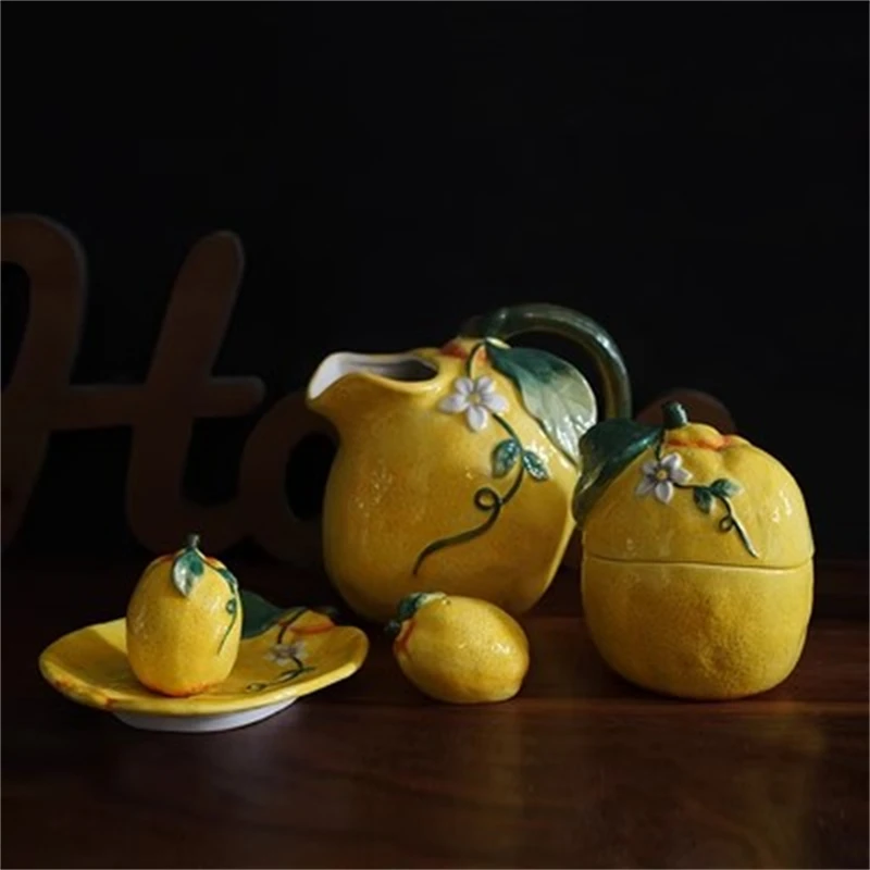 

Lemon Shaped Ceramic Plate for Dessert, Fruit Tray, Afternoon Tea Kettle, Milk Mug, European Dinnerware, Colored Underglaze