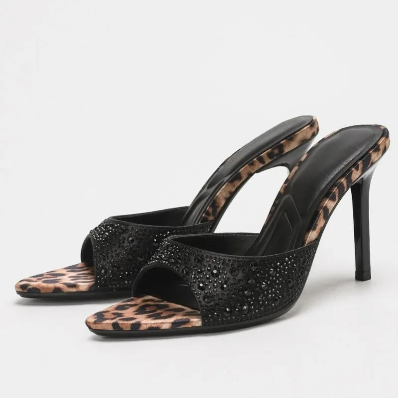 

Luxury Leopard Heeled Mules | Women's Rhinestone Stiletto Sandals, Sexy Pointed Toe Designer Party Shoes