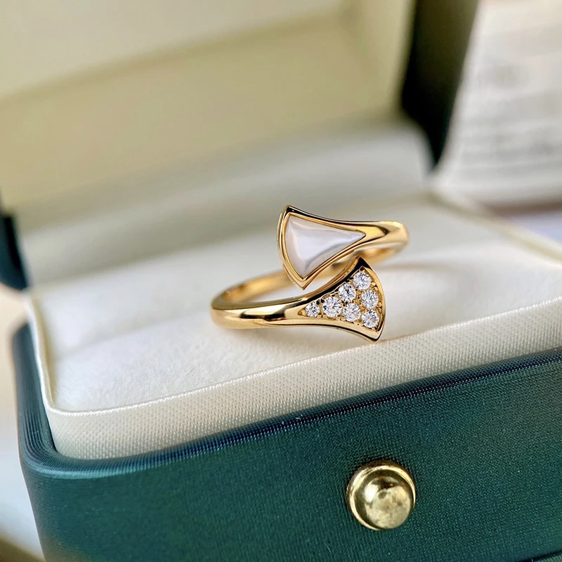 Rose gold inlaid with natural stone fan-shaped skirt zircon ring Women's personalized fashion luxury brand party Fine jewelry