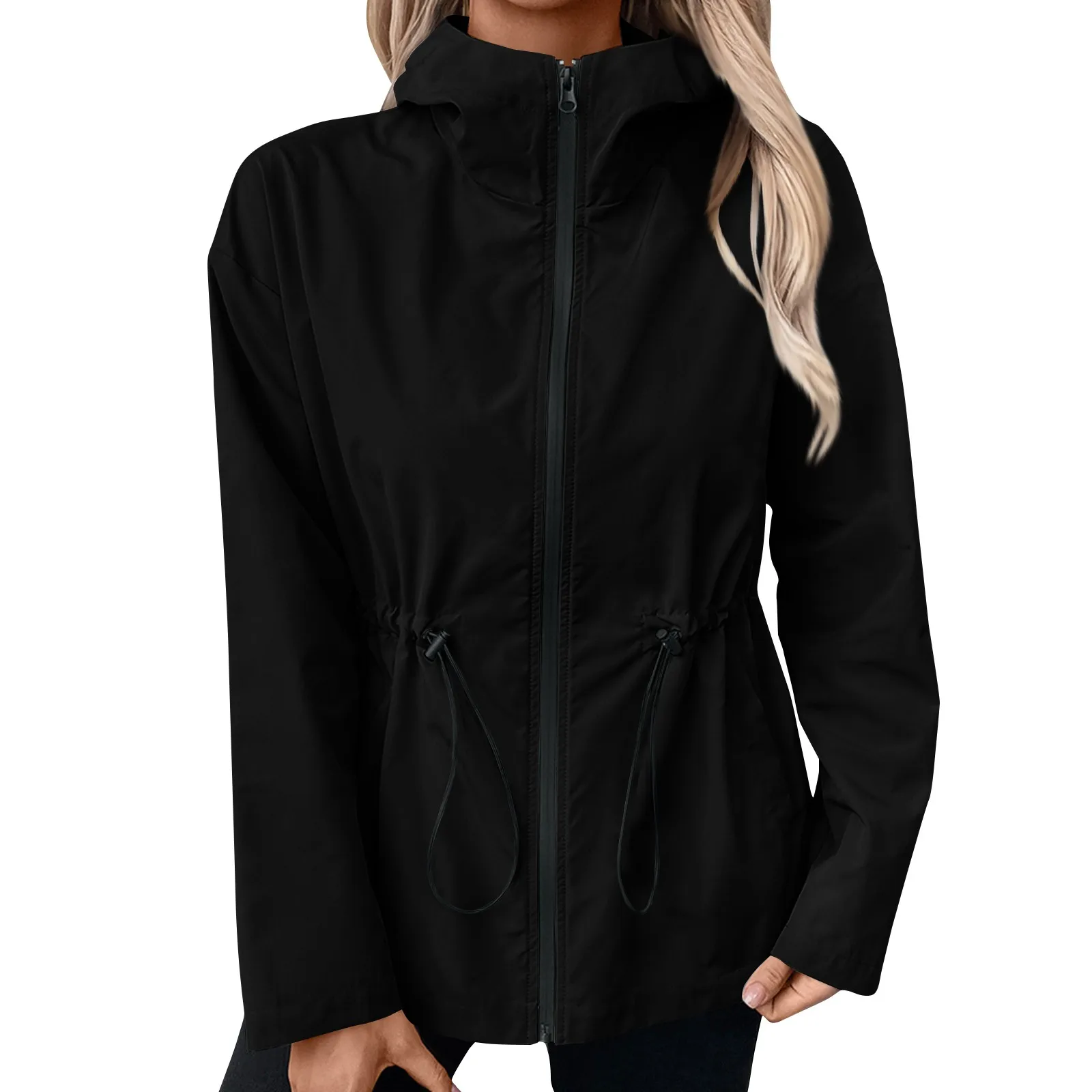 Women's Slim cut Hooded Raincoat Outdoor Sports Hiking Suit Windproof Waist Jacket Top Windbreaker H