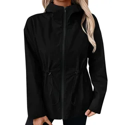 Women's Slim cut Hooded Raincoat Outdoor Sports Hiking Suit Windproof Waist Jacket Top Windbreaker Hooded Jackets Zipper Coats