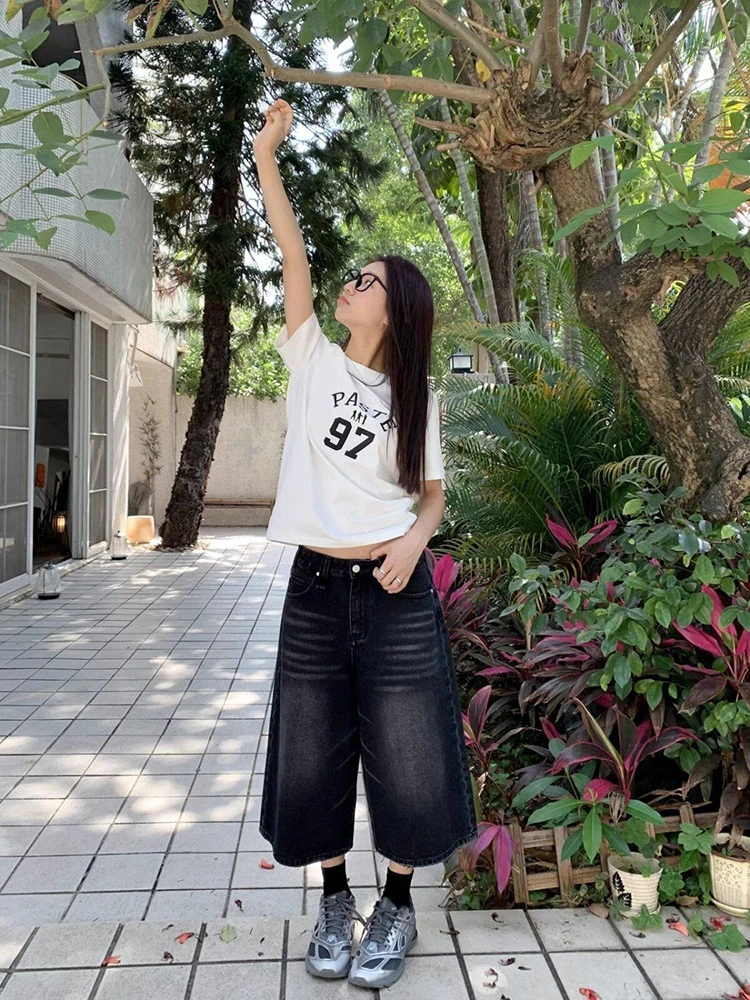High Waist Black Retro Washed Denim Shorts Women\'s Harajuku Vintage Fashion Casual Loose Y2K Streetwear Mid Long Wide Leg Pants