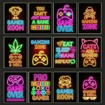 게이머 존 네온 스타일 고양이 인용문 캔버스 페인팅, 게임 룸 장식 벽 아트