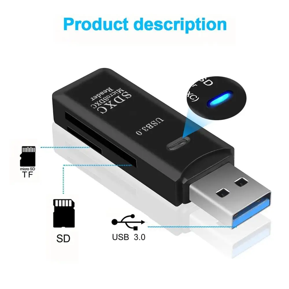 Wielofunkcyjna czytnik kart USB 3.0/2.0 2 w 1 obsługuje komputer TF SD, aparat tabletu, Laptop, zamontowany na samochodzie