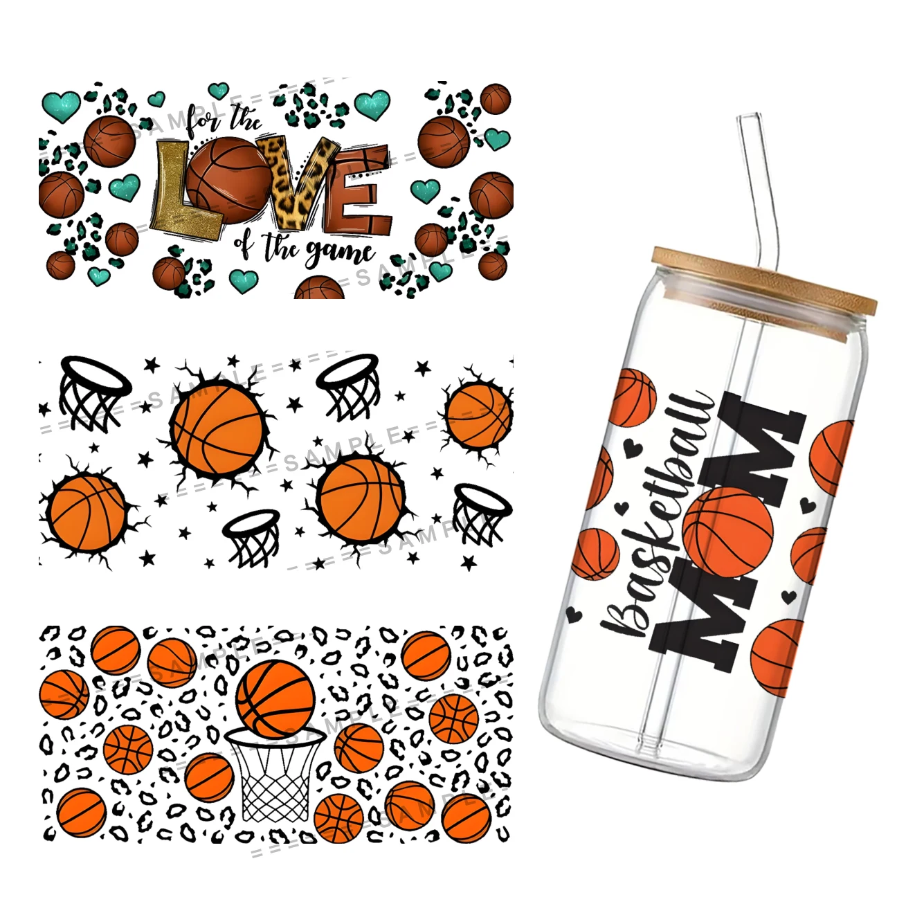 3D UV DTF Transfers Stickers 16oz Cup Wraps Basketball Pattern Printed For DIY Glass Ceramic Metal Leather