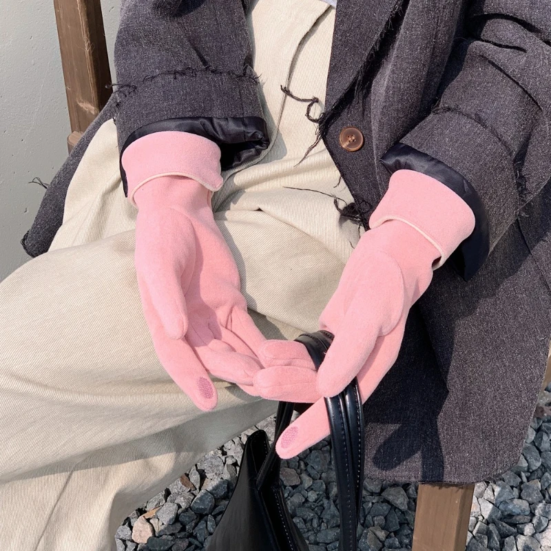 Button Cuff Fleece Lined Warm Gloves, Touch Screen Windproof Driving Cycling Winter Gloves for Women