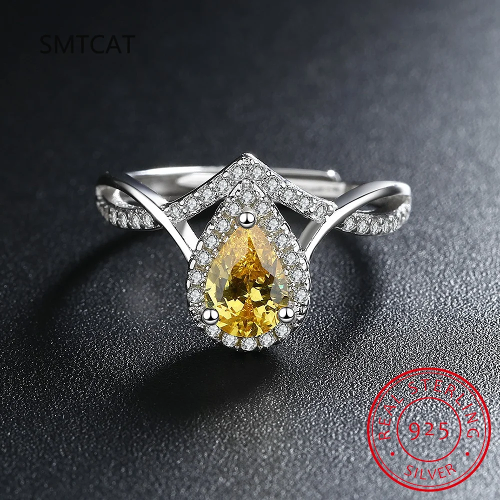 925 Sterling Silver Pear Cut Lab Sapphire Citrine High Carbon Diamonds Gemstone Wedding Engagement Ring Fine Jewelry Anillos
