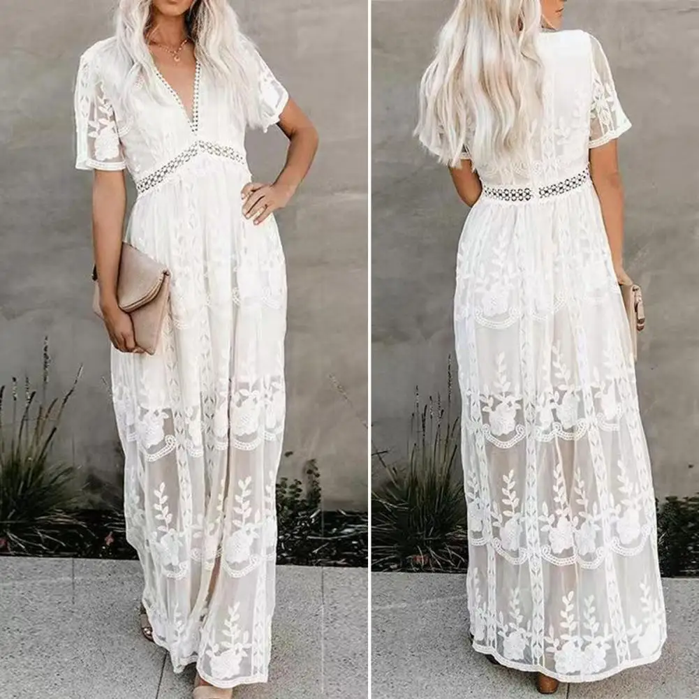 Sommer Boho Frauen Maxi kleid lose Stickerei weiße Spitze lange Tunika Strand kleid Urlaubs kleider für Frauen 2022 Abendkleider