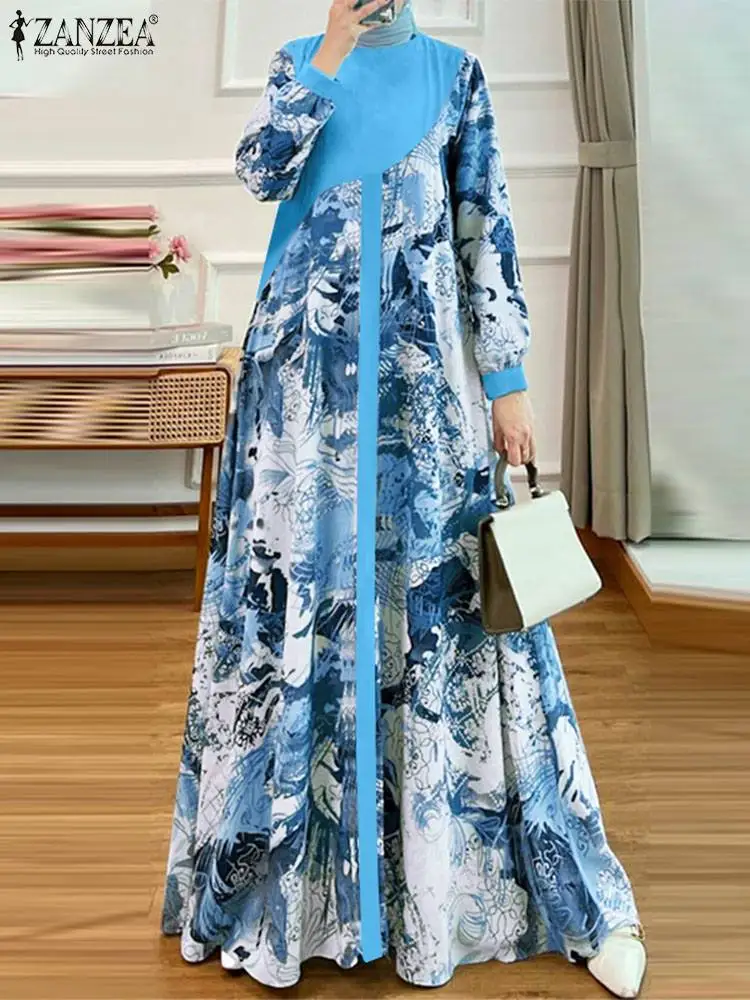 ZANZEA Bohemain Floral Printed Muslim Abaya Dress Women Autumn Long Sleeve Patchwork Maxi Sundress Robe Femme Ramadan Vestidos