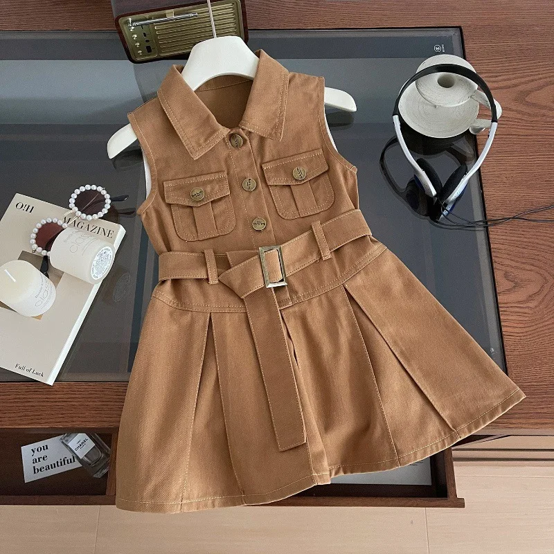 Girls' Fashionable Sleeveless Denim Dress Summer Korean Version Children's Lapel Waist Cinched Vest Dress for Baby Kids Clothes