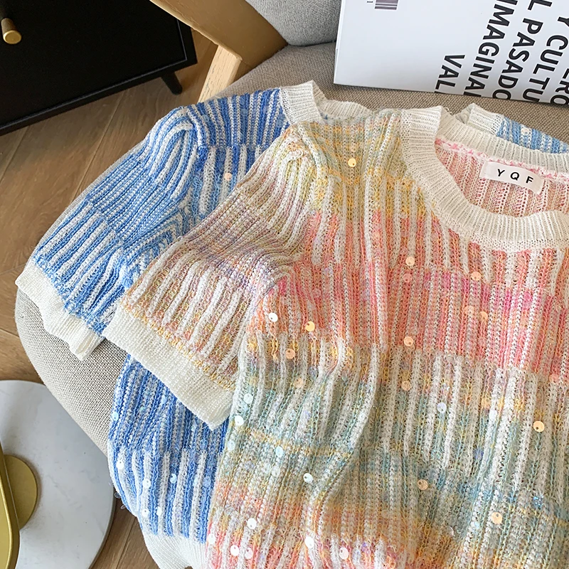 Summer Women\'s Sweater Sequins Striped Slim Knit Pullovers T-shirts Crop Tops Stylish Chic Fashion Short Sleeve O-neck Jumpers