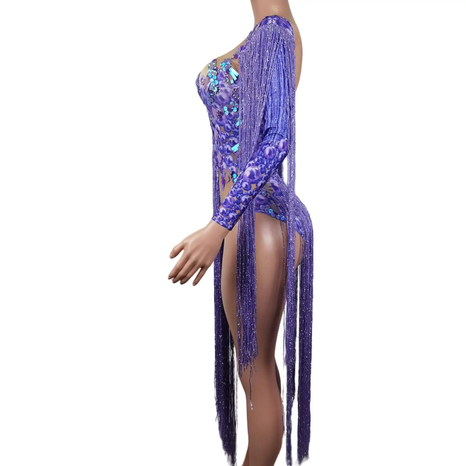 Queen's Style Purple Glitter Jumpsuits Sparkle Tassel Bodycon Rompers Ladies Party Nightclub Show Short Shiny Fringes Bodysuits