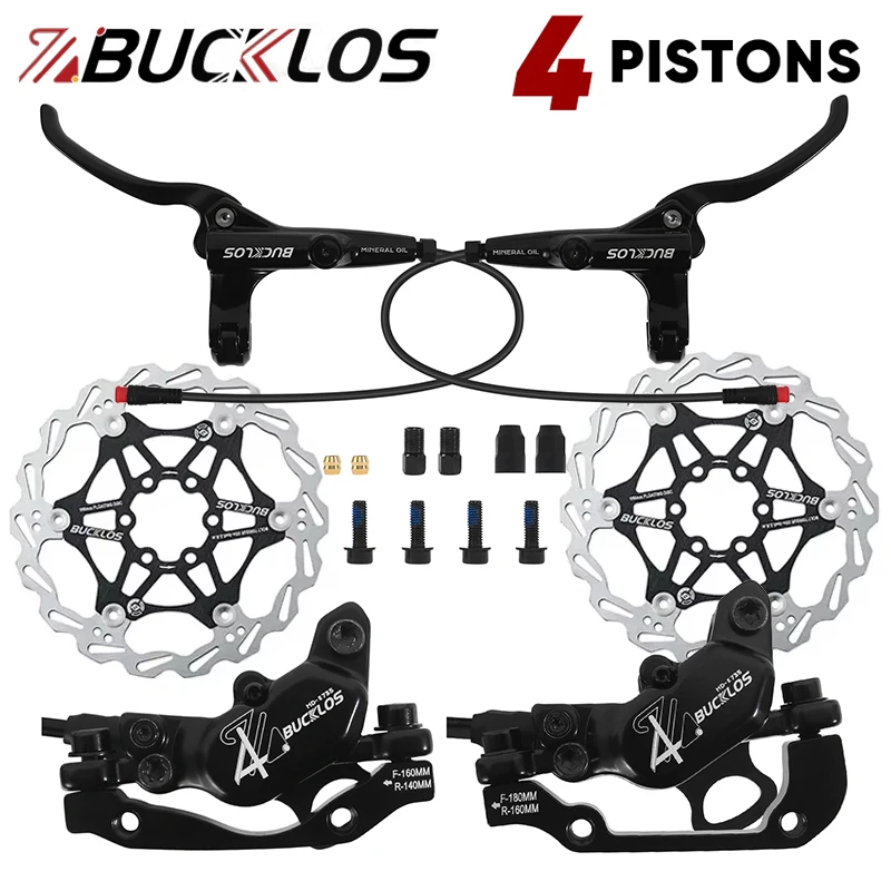 BUCKLOS Juego de frenos de apagado de E-BIKE de 4 pistones, juego de frenos hidráulicos para patinete de 1150mm y 1950mm, piezas de juego de frenos hidráulicos para bicicleta con rotor de 160mm