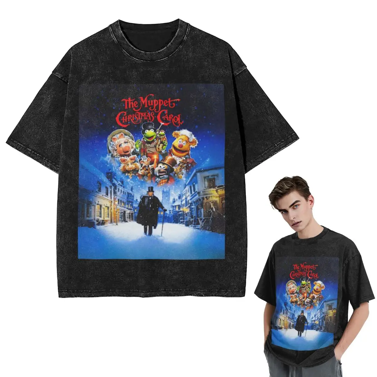 Streetwear T-Shirts Muppet Christmas Carol Washed T Shirt Short Sleeve Hip Hop T-Shirt Tops Tees for Men Women