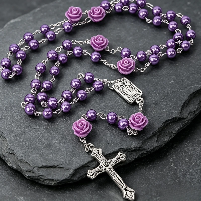 Vintage Purple Virgin Mary Rosary Necklace with Cross – Elegant Religious Jewelry for Daily Wear, Baptism, Prayer & Small Gifts