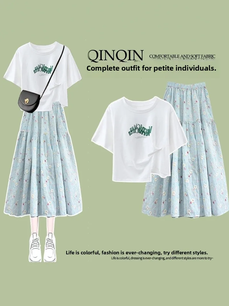 

And Cute Floral Skirt Set Summer Trend Youthful Embroidery Short Sleeve round Neck Cotton Two-Piece Casual Wear