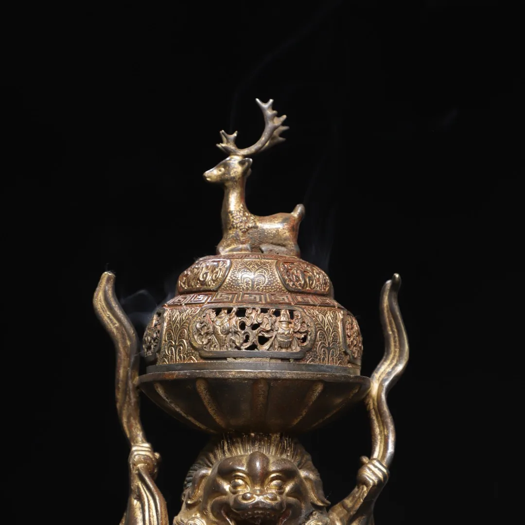 Old copper Qing Dyansty copper censer hercules Buddha Statue, Free shipping