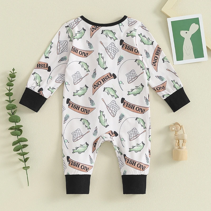 2023-10-24 Lioraitiin 0-12M Baby Boys Girls Romper Long Sleeve Zipper Crew Neck Taco/Fish/Dinosaur Print Fall Jumpsuit Clothes