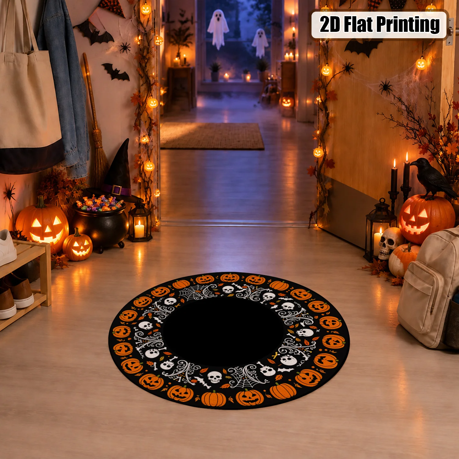 Halloween Pumpkin Skull Bat Cobweb Design Round Velvet Rug Machine Washable for Living Room Dining Room Entryway Ideal for Halloween Thanksgiving Christmas New Year Black Friday Cyber Monday