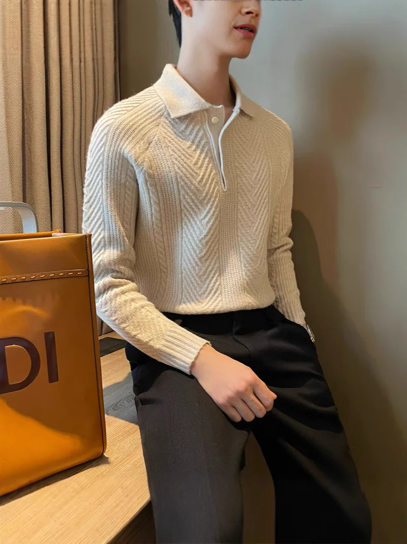 

Retro Japanese Sle Knitted Sweater Pure Color Men's oulder Drop Sle Overhead irt with Collar Flower Texture