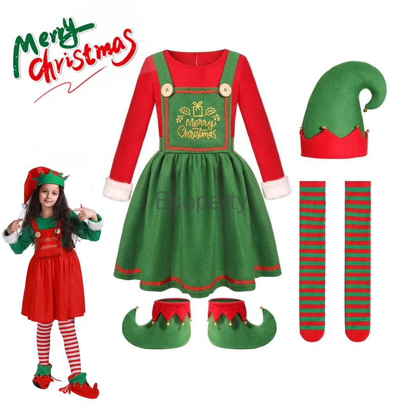 

Kids Christmas Santa Claus Costume For Girls Green Elf Cosplay Dresses Halloween Carnival Party New Year Fancy Clothes For Women