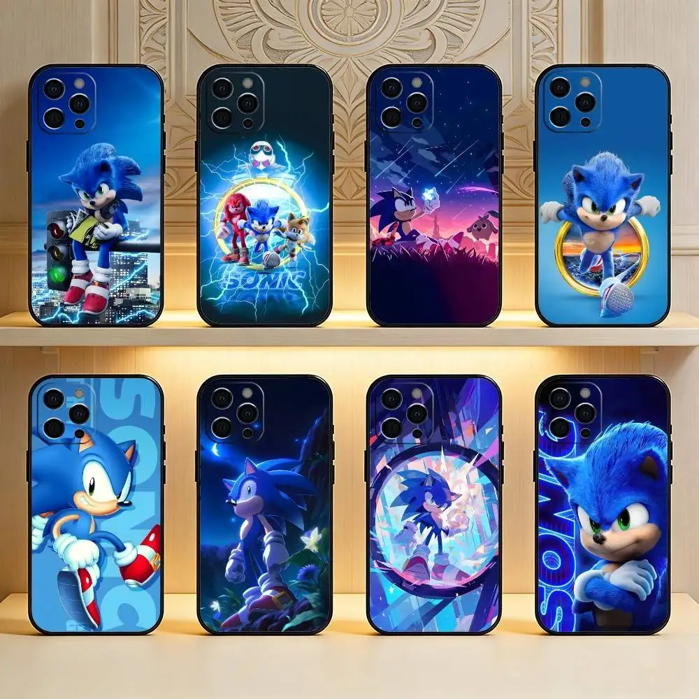 

Cartoon S-Sonic-c Printed Phone Case For iPhone17,16,15,14,13,12 Plus,Max Soft Silicone Black Cover