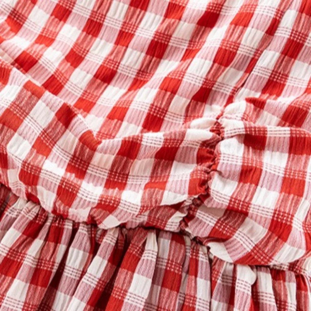

Детское клетчатое платье на бретельках с оборками, без рукавов, длинное, с сетчатым кружевом и цветами, красное, для девочек, с лоскутной юбкой