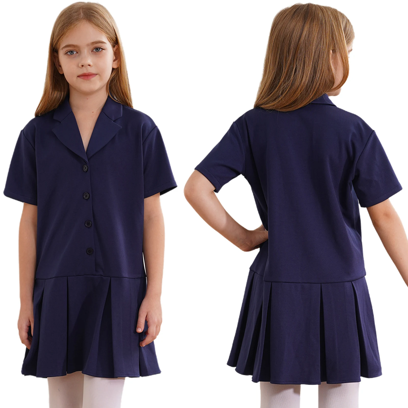 Uniforme scolaire pour filles, robes pour spectacle de danse, robe plissée boutonnée, col cranté, manches courtes, documents solides décontractés, enfants