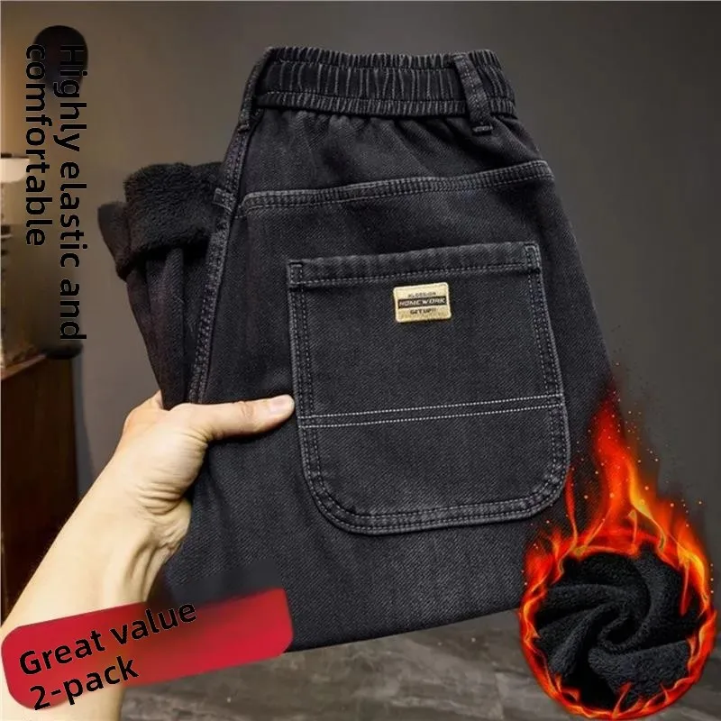 

Мужские прямые джинсы на подкладке Fce, немагнитные, не гладкие, зимние, новые, повседневные, свободные, хлопковые, эластичные, джинсовые брюки