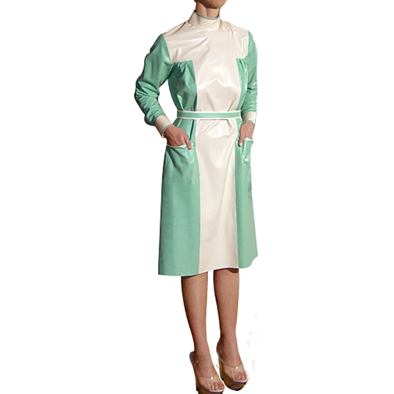 

Jade Green And White Red Sexy Latex Uniform Rubber Dresses With Buttons At Back Cuffs Pockets Belts Playsuit LYQ-0355