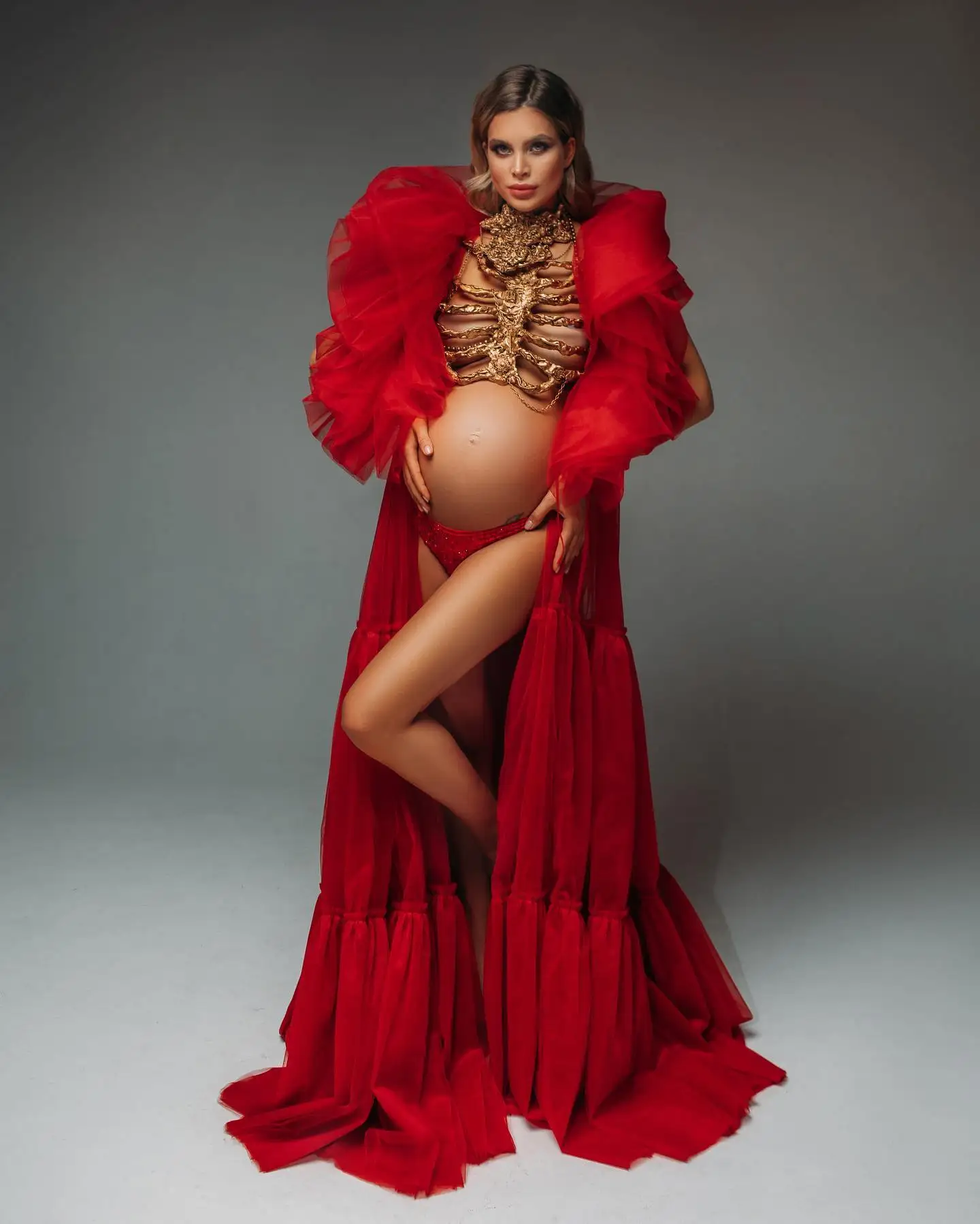 Pretty Red Soft Tulle Maternity Women Dresses To Photoshoots Pregnant Tulle Robe Outwear Female Maxi Dress