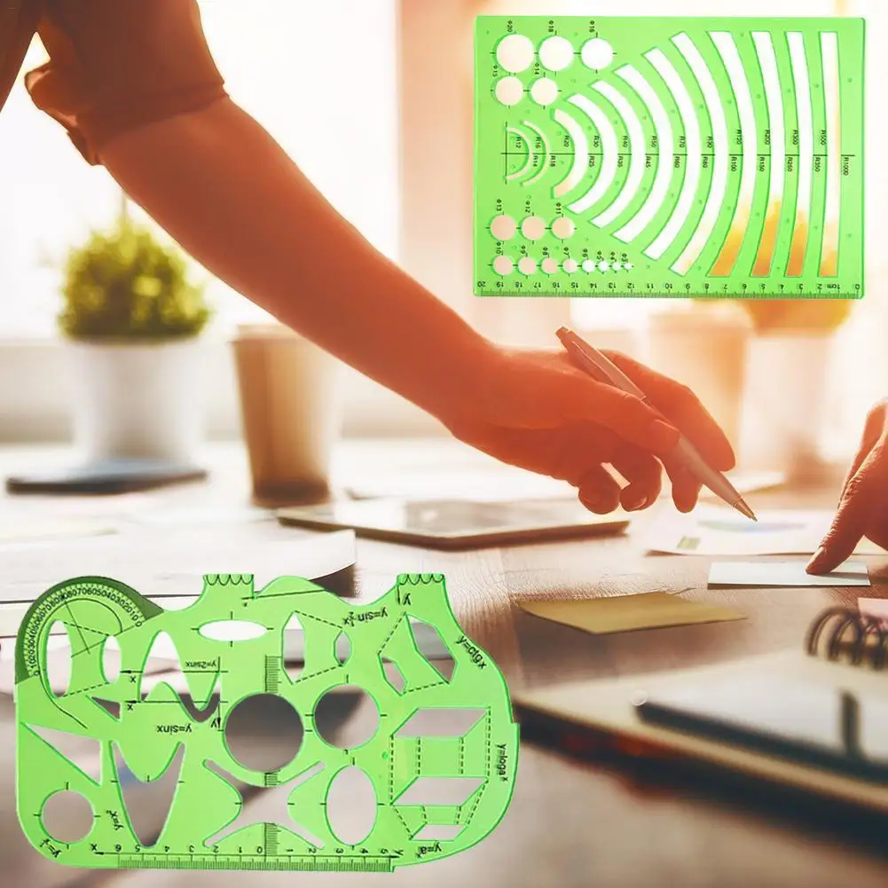 6Pcs Transparent Geometric Drawing Ruler Set Clear Green Plastic Stencil Templates for School Office Art Design Mechanical