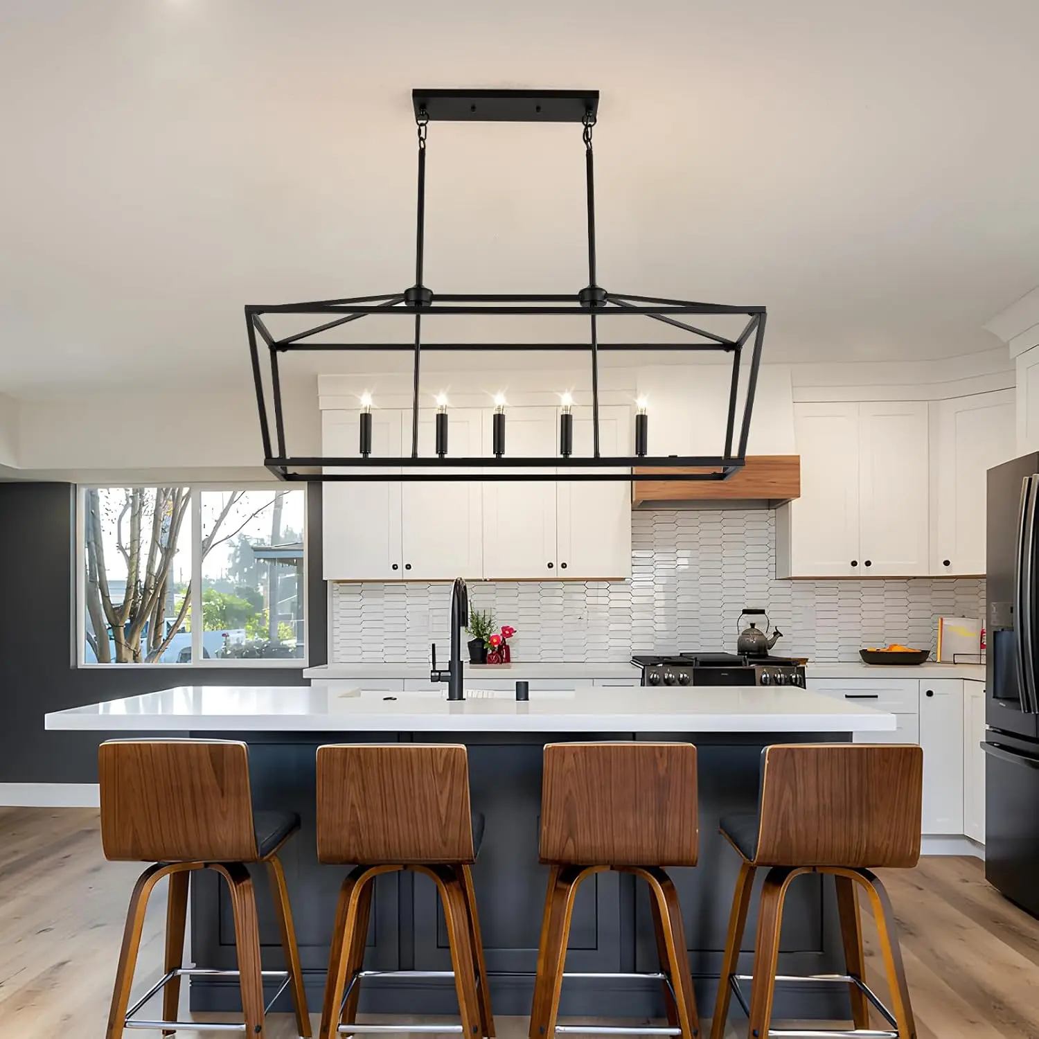 5-Light Black Farmhouse Chandelier - Adjustable Hanging Pendant for Dining Table, Kitchen Island & Living Room